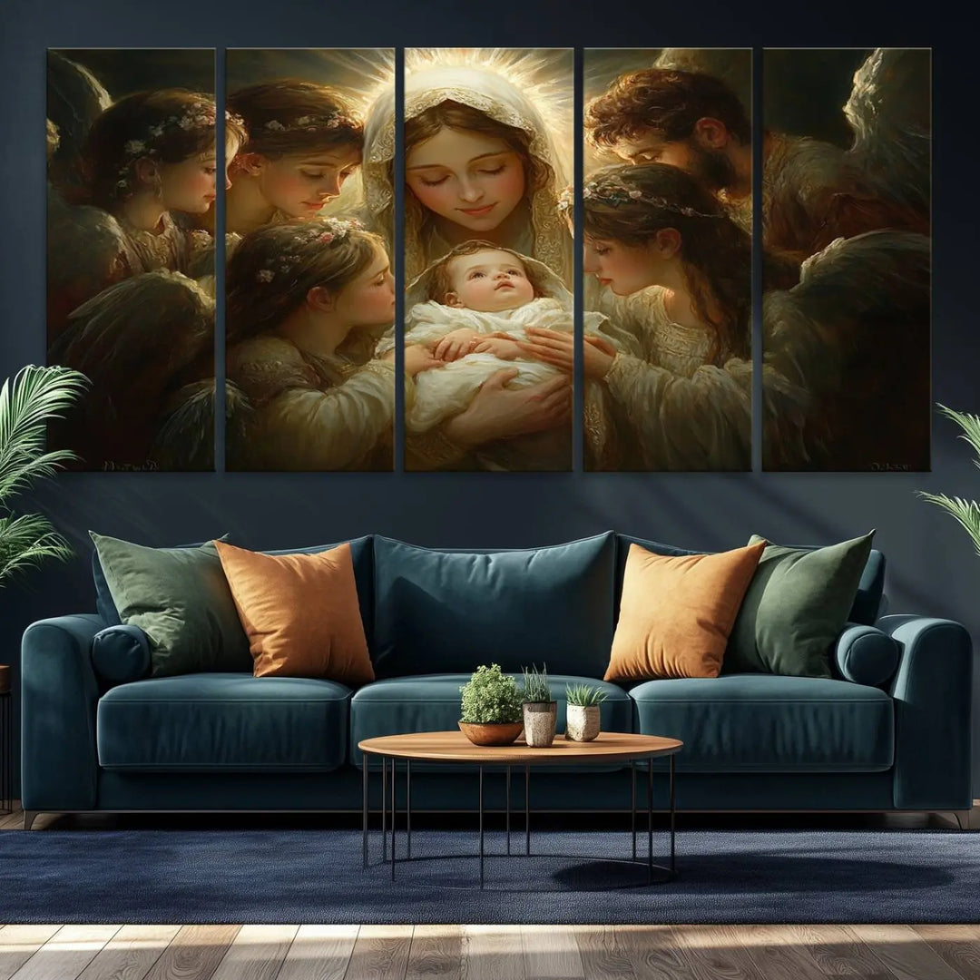 A tranquil Mary Jesus Canvas Wall Art Print featuring Madonna and Child with apostles enhances a dark wall.