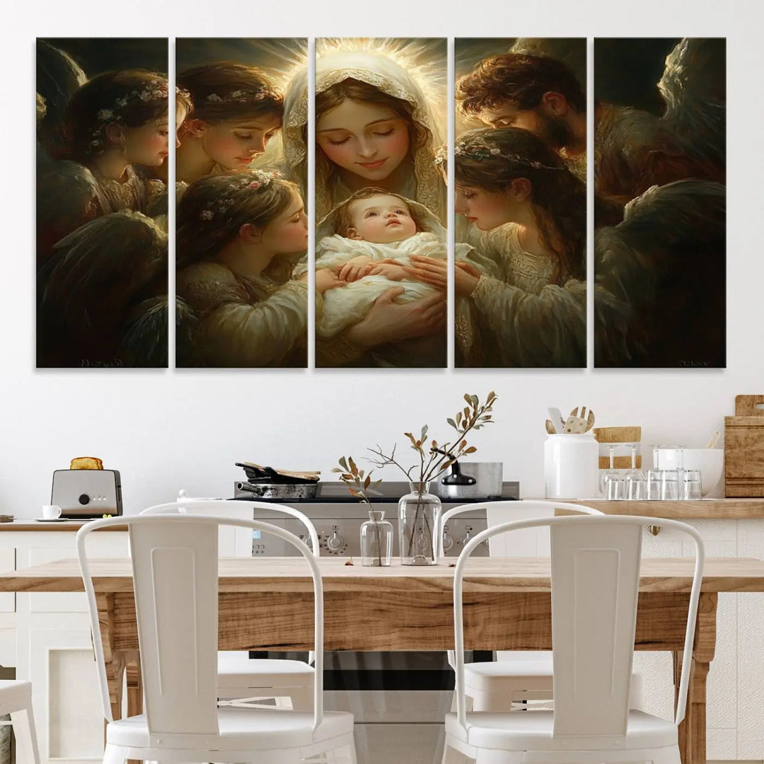 A tranquil Mary Jesus Canvas Wall Art Print featuring Madonna and Child with apostles enhances a dark wall.