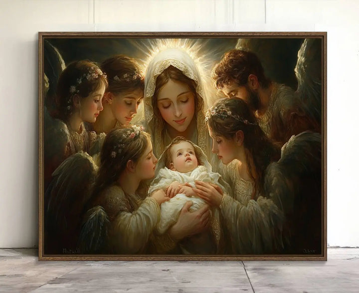 A tranquil Mary Jesus Canvas Wall Art Print featuring Madonna and Child with apostles enhances a dark wall.