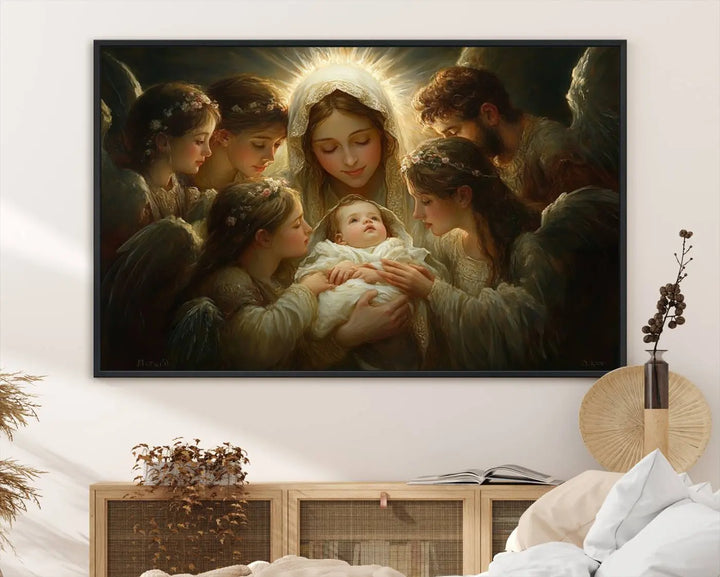 A tranquil Mary Jesus Canvas Wall Art Print featuring Madonna and Child with apostles enhances a dark wall.