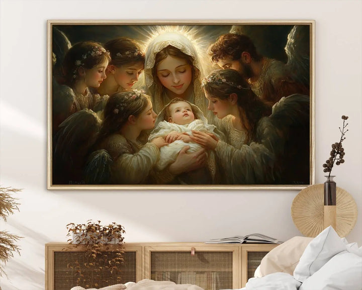 A tranquil Mary Jesus Canvas Wall Art Print featuring Madonna and Child with apostles enhances a dark wall.