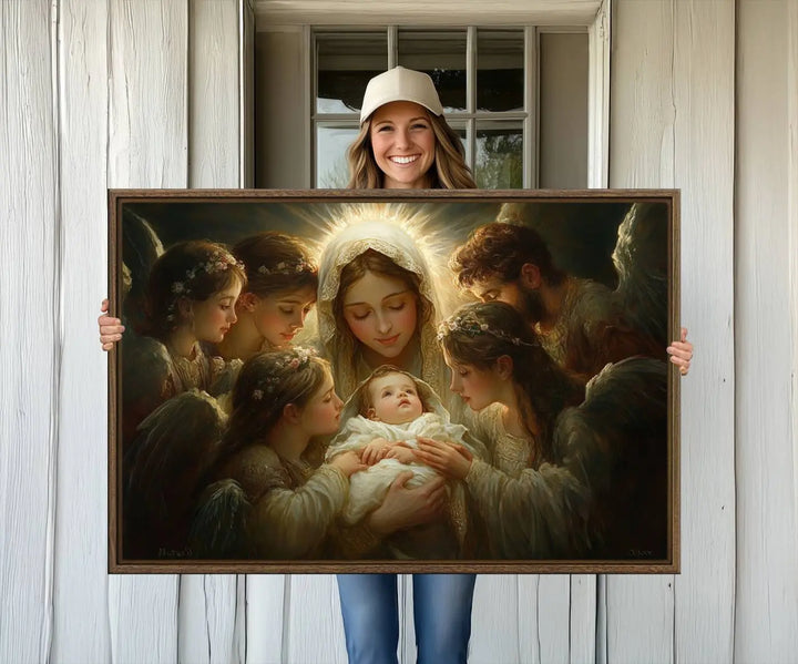 A tranquil Mary Jesus Canvas Wall Art Print featuring Madonna and Child with apostles enhances a dark wall.