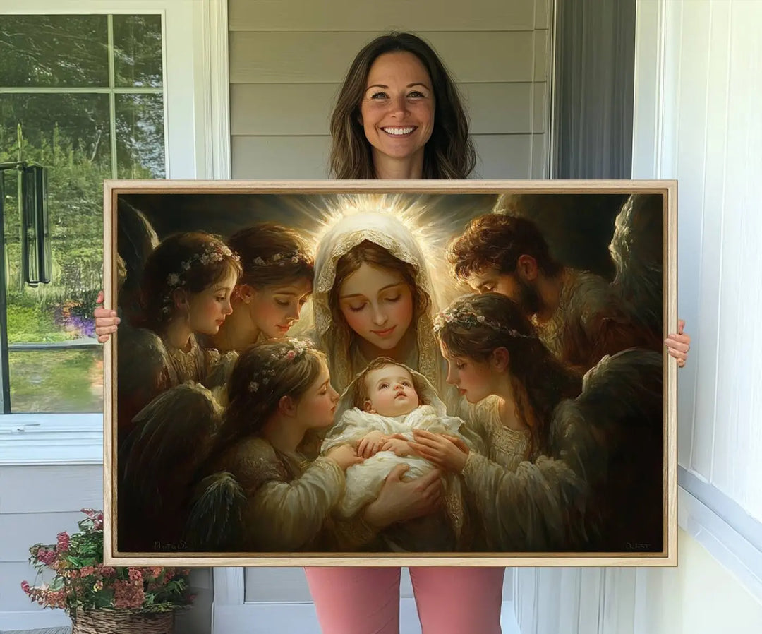 A tranquil Mary Jesus Canvas Wall Art Print featuring Madonna and Child with apostles enhances a dark wall.