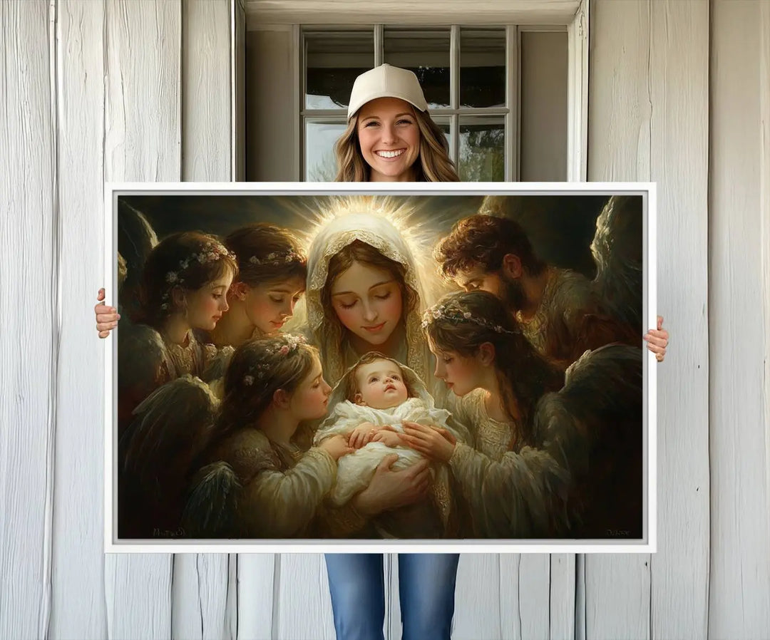 A tranquil Mary Jesus Canvas Wall Art Print featuring Madonna and Child with apostles enhances a dark wall.