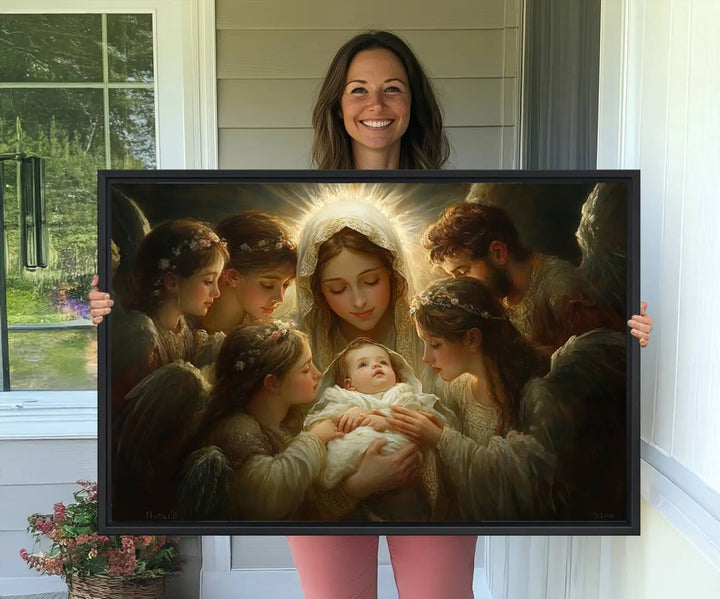 A tranquil Mary Jesus Canvas Wall Art Print featuring Madonna and Child with apostles enhances a dark wall.