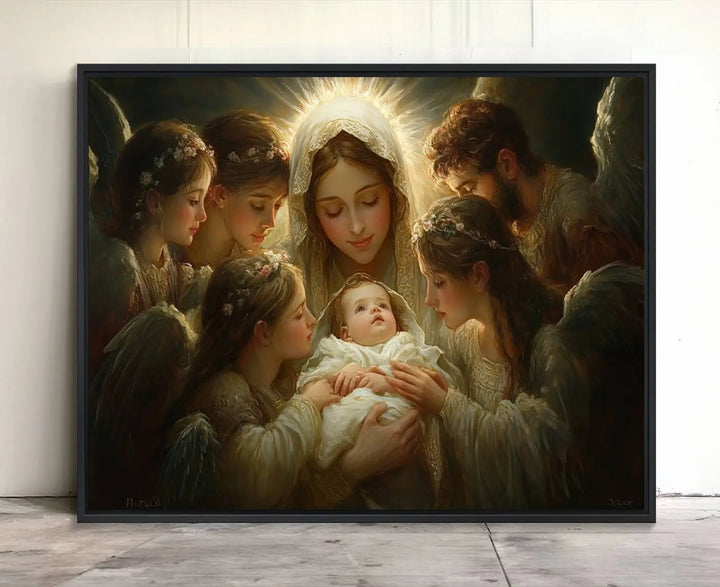 A tranquil Mary Jesus Canvas Wall Art Print featuring Madonna and Child with apostles enhances a dark wall.