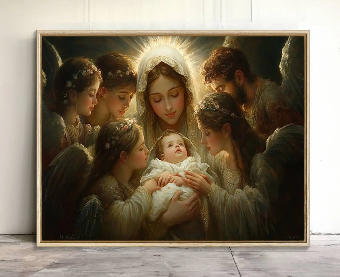 A tranquil Mary Jesus Canvas Wall Art Print featuring Madonna and Child with apostles enhances a dark wall.