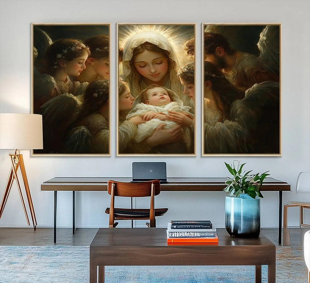 A tranquil Mary Jesus Canvas Wall Art Print featuring Madonna and Child with apostles enhances a dark wall.