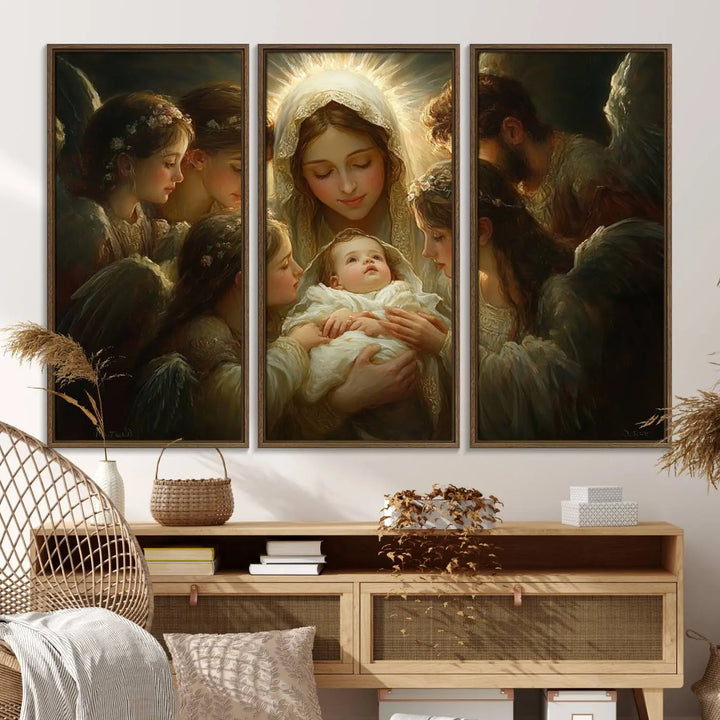 A tranquil Mary Jesus Canvas Wall Art Print featuring Madonna and Child with apostles enhances a dark wall.