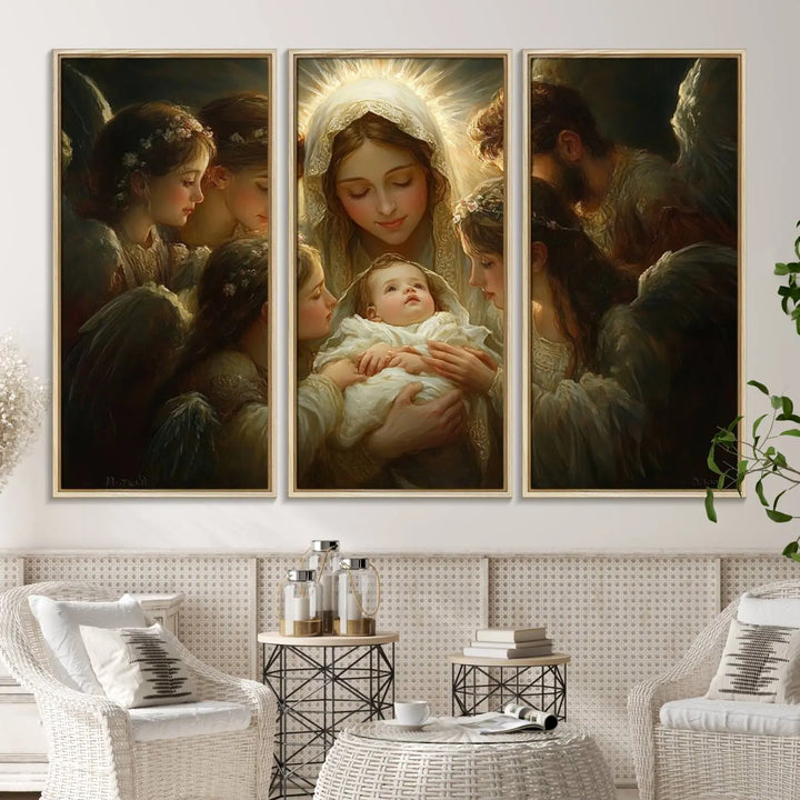 A tranquil Mary Jesus Canvas Wall Art Print featuring Madonna and Child with apostles enhances a dark wall.