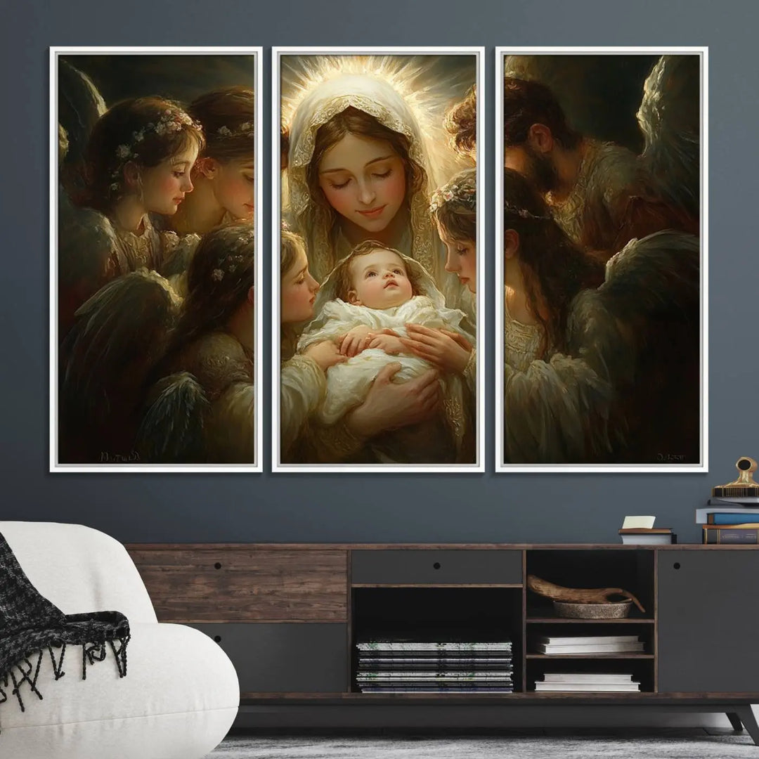 A tranquil Mary Jesus Canvas Wall Art Print featuring Madonna and Child with apostles enhances a dark wall.