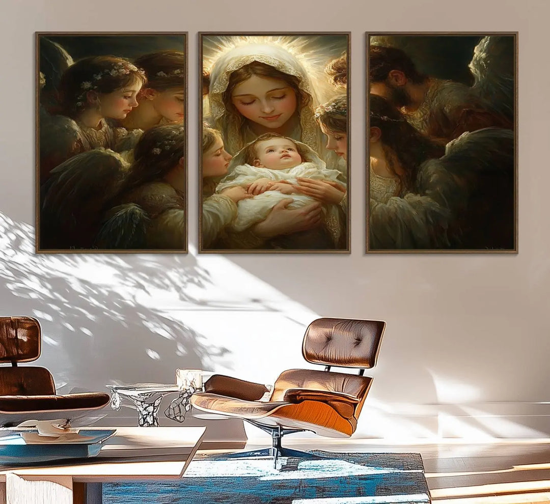 A tranquil Mary Jesus Canvas Wall Art Print featuring Madonna and Child with apostles enhances a dark wall.