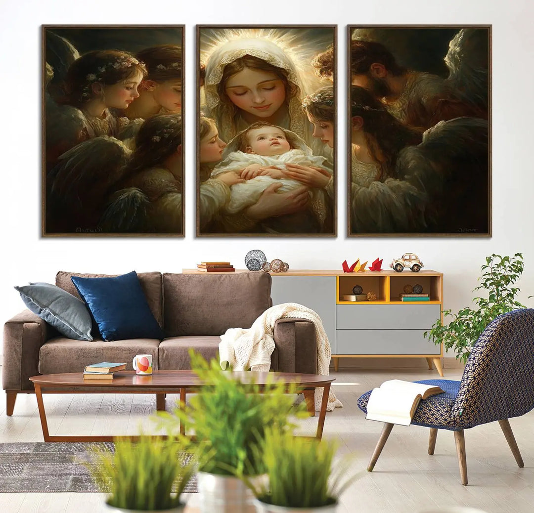 A tranquil Mary Jesus Canvas Wall Art Print featuring Madonna and Child with apostles enhances a dark wall.