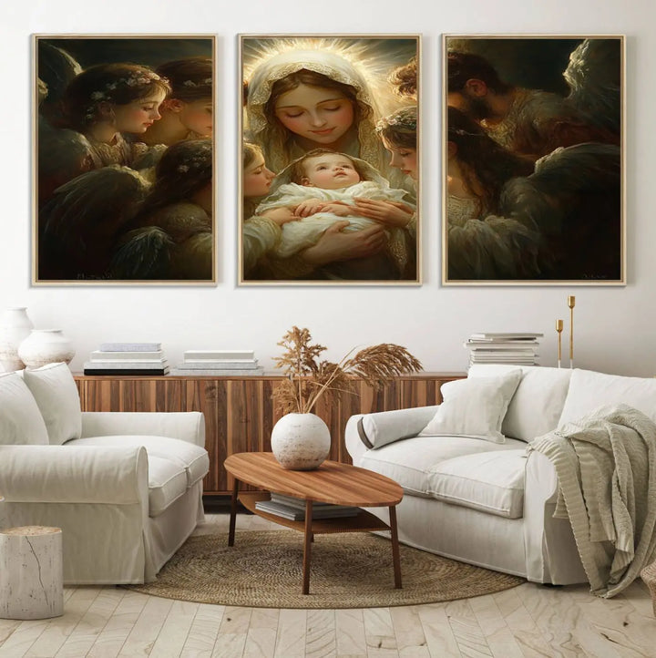 A tranquil Mary Jesus Canvas Wall Art Print featuring Madonna and Child with apostles enhances a dark wall.