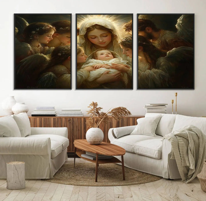 A tranquil Mary Jesus Canvas Wall Art Print featuring Madonna and Child with apostles enhances a dark wall.