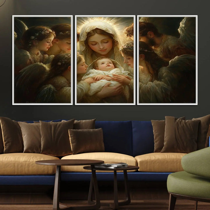 A tranquil Mary Jesus Canvas Wall Art Print featuring Madonna and Child with apostles enhances a dark wall.