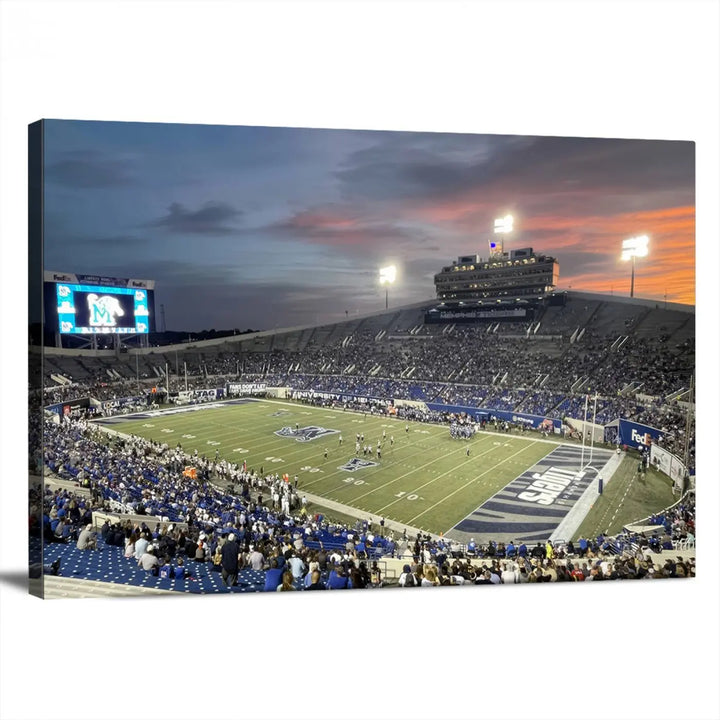 The "Memphis Tigers Football Team Print" is a triptych canvas, printed in high-resolution with vibrant colors, spotlighting the Memphis Simmons Bank Liberty Stadium at sunset. The scene beautifully captures a thrilling game in progress and the lively crowd, all rendered on museum quality canvas.