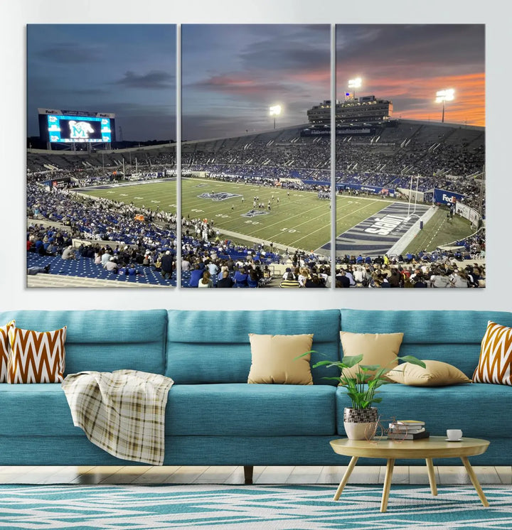 The "Memphis Tigers Football Team Print" is a triptych canvas, printed in high-resolution with vibrant colors, spotlighting the Memphis Simmons Bank Liberty Stadium at sunset. The scene beautifully captures a thrilling game in progress and the lively crowd, all rendered on museum quality canvas.