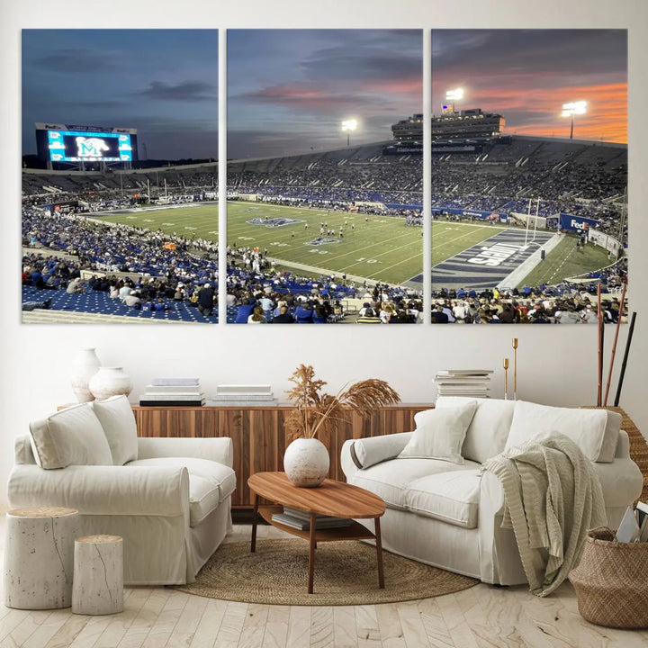 The "Memphis Tigers Football Team Print" is a triptych canvas, printed in high-resolution with vibrant colors, spotlighting the Memphis Simmons Bank Liberty Stadium at sunset. The scene beautifully captures a thrilling game in progress and the lively crowd, all rendered on museum quality canvas.