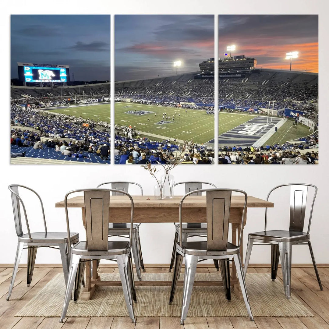 The "Memphis Tigers Football Team Print" is a triptych canvas, printed in high-resolution with vibrant colors, spotlighting the Memphis Simmons Bank Liberty Stadium at sunset. The scene beautifully captures a thrilling game in progress and the lively crowd, all rendered on museum quality canvas.