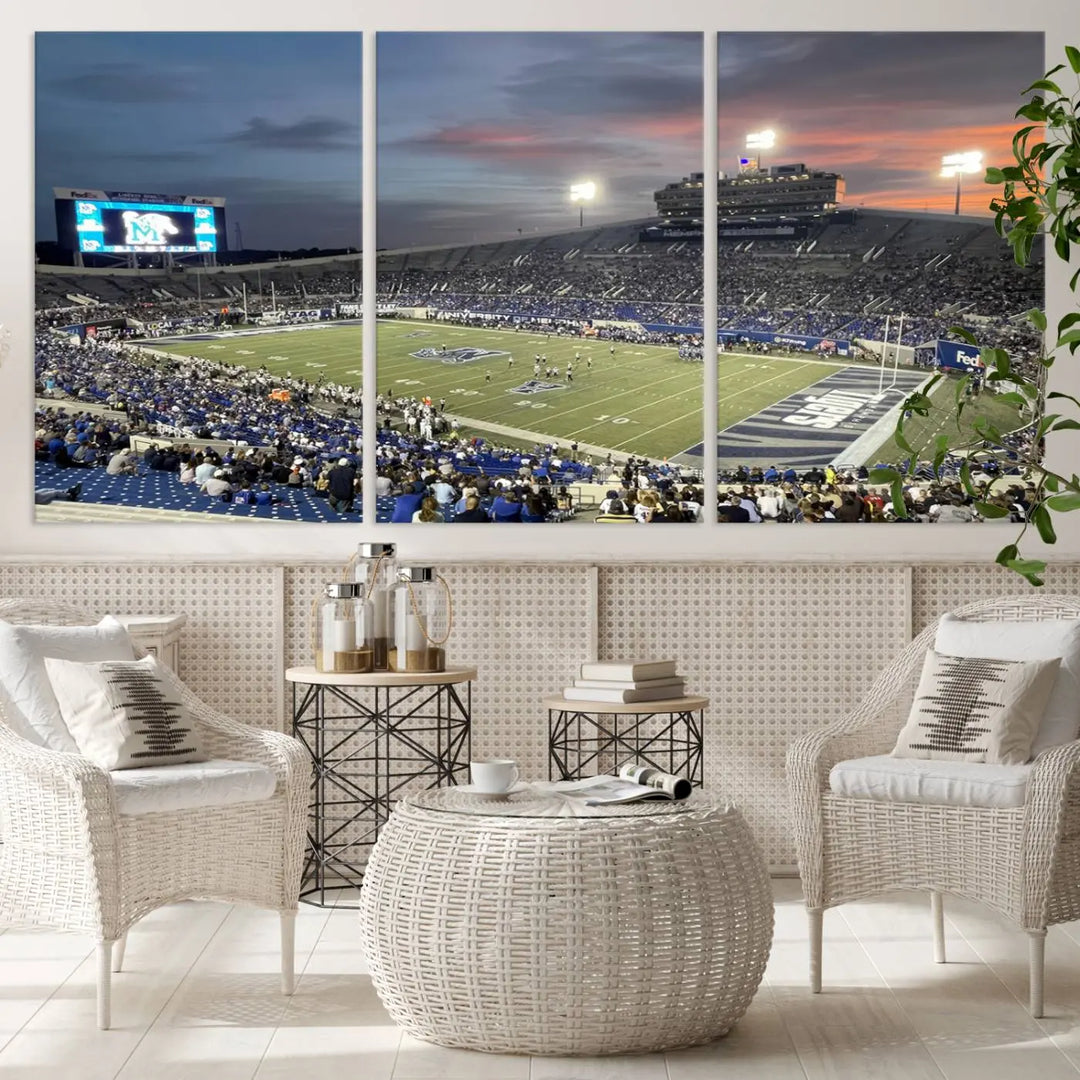 The "Memphis Tigers Football Team Print" is a triptych canvas, printed in high-resolution with vibrant colors, spotlighting the Memphis Simmons Bank Liberty Stadium at sunset. The scene beautifully captures a thrilling game in progress and the lively crowd, all rendered on museum quality canvas.