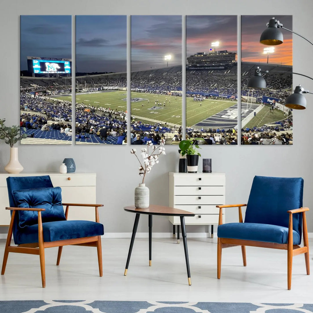 The "Memphis Tigers Football Team Print" is a triptych canvas, printed in high-resolution with vibrant colors, spotlighting the Memphis Simmons Bank Liberty Stadium at sunset. The scene beautifully captures a thrilling game in progress and the lively crowd, all rendered on museum quality canvas.