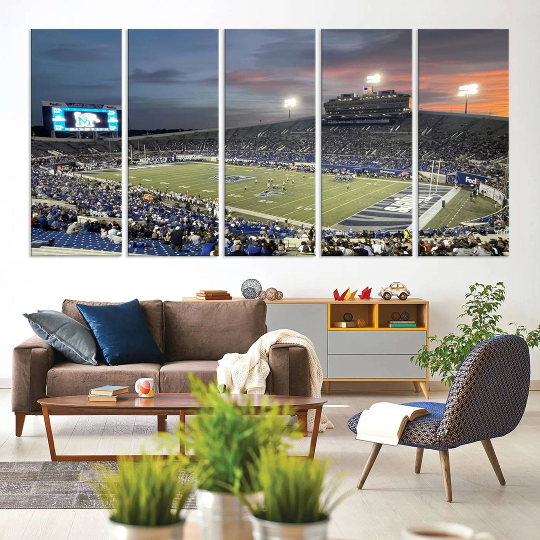 The "Memphis Tigers Football Team Print" is a triptych canvas, printed in high-resolution with vibrant colors, spotlighting the Memphis Simmons Bank Liberty Stadium at sunset. The scene beautifully captures a thrilling game in progress and the lively crowd, all rendered on museum quality canvas.