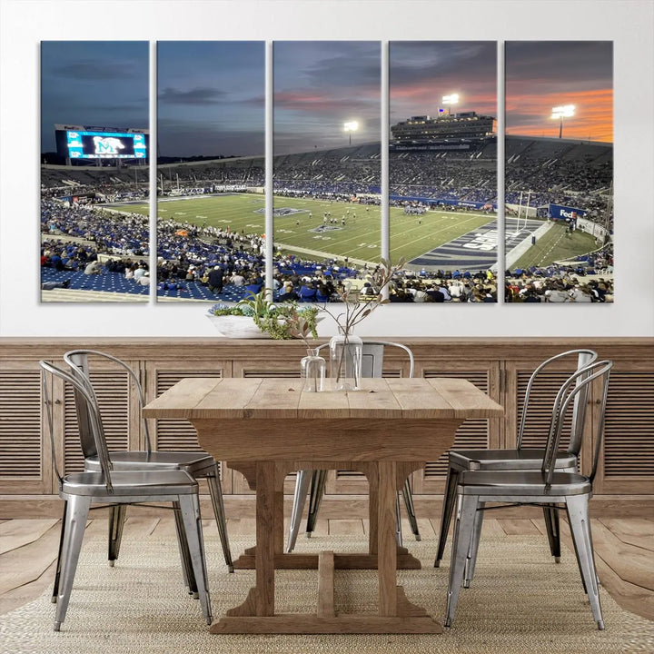 The "Memphis Tigers Football Team Print" is a triptych canvas, printed in high-resolution with vibrant colors, spotlighting the Memphis Simmons Bank Liberty Stadium at sunset. The scene beautifully captures a thrilling game in progress and the lively crowd, all rendered on museum quality canvas.