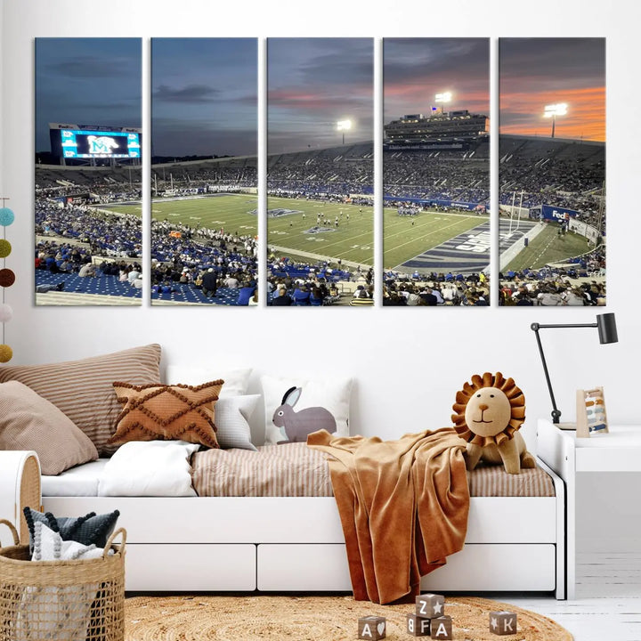 The "Memphis Tigers Football Team Print" is a triptych canvas, printed in high-resolution with vibrant colors, spotlighting the Memphis Simmons Bank Liberty Stadium at sunset. The scene beautifully captures a thrilling game in progress and the lively crowd, all rendered on museum quality canvas.