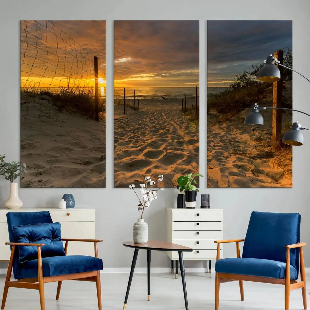 The "Mesmerizing Beach Way to Sunset" triptych wall art graces the space above white cabinets. Crafted on museum-quality canvases, it ensures vibrant colors and durability, and comes ready to hang for easy installation.