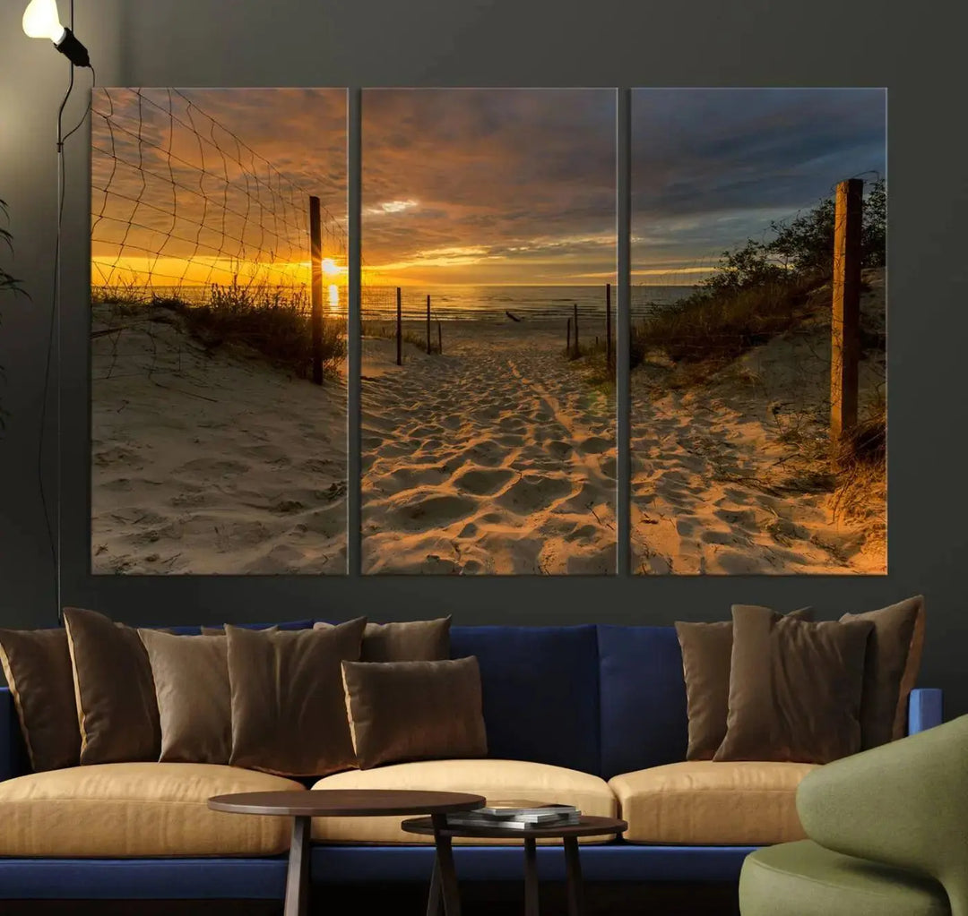 The "Mesmerizing Beach Way to Sunset" triptych wall art graces the space above white cabinets. Crafted on museum-quality canvases, it ensures vibrant colors and durability, and comes ready to hang for easy installation.