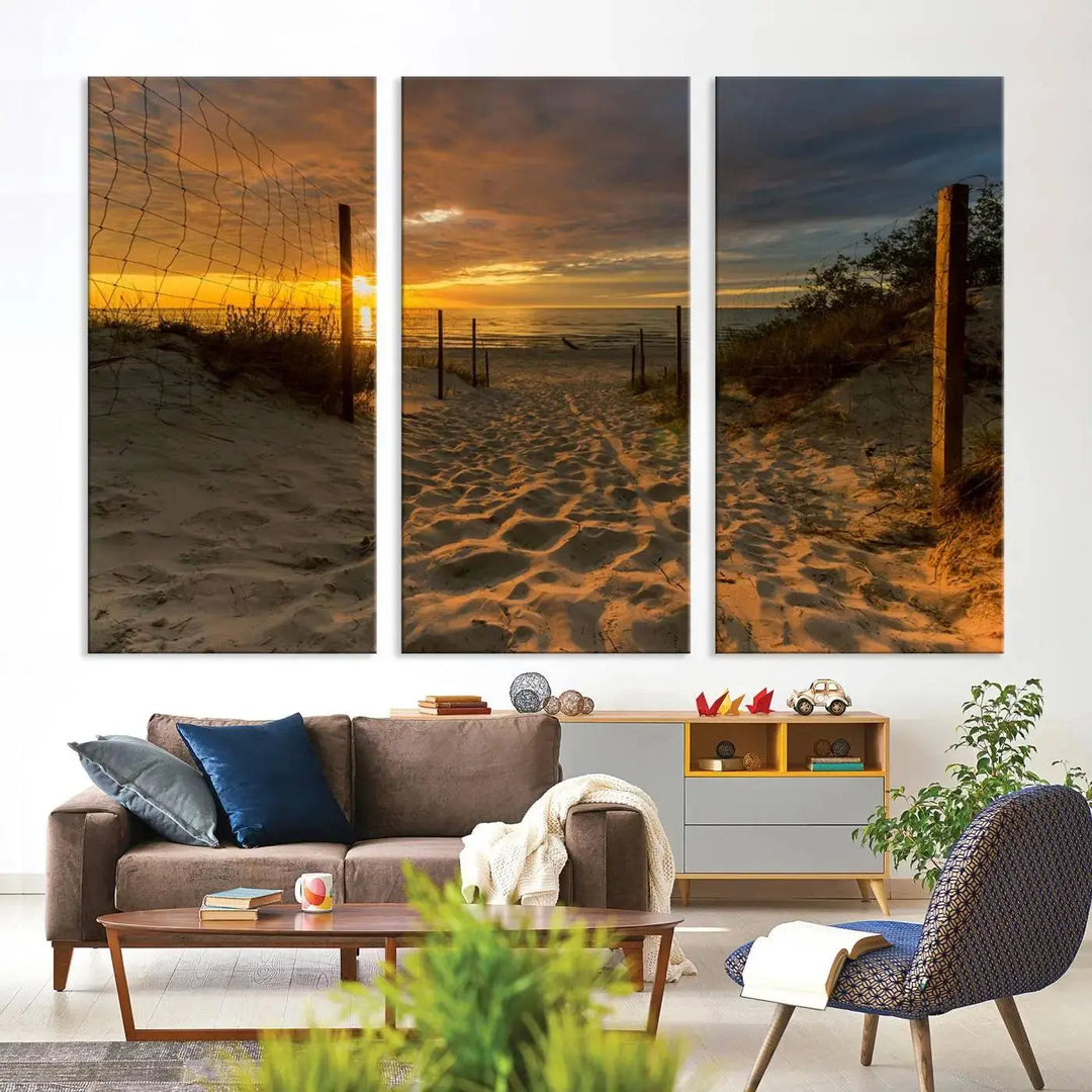 The "Mesmerizing Beach Way to Sunset" triptych wall art graces the space above white cabinets. Crafted on museum-quality canvases, it ensures vibrant colors and durability, and comes ready to hang for easy installation.