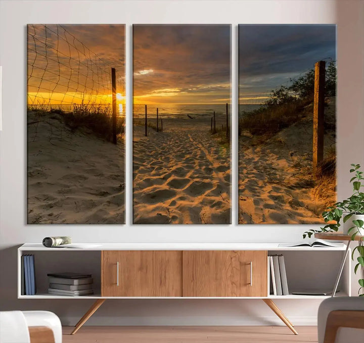 The "Mesmerizing Beach Way to Sunset" triptych wall art graces the space above white cabinets. Crafted on museum-quality canvases, it ensures vibrant colors and durability, and comes ready to hang for easy installation.