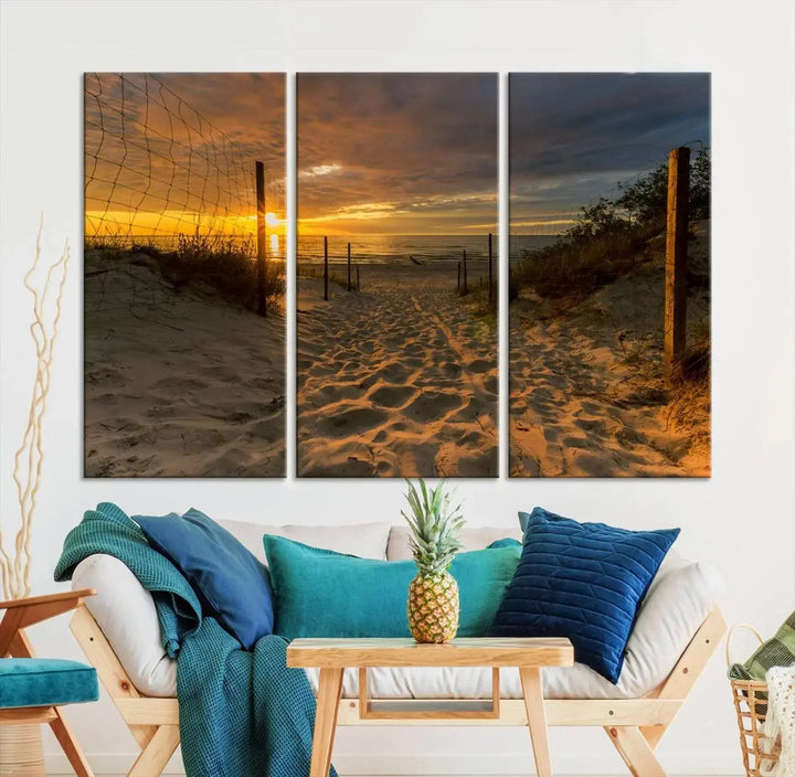 The "Mesmerizing Beach Way to Sunset" triptych wall art graces the space above white cabinets. Crafted on museum-quality canvases, it ensures vibrant colors and durability, and comes ready to hang for easy installation.