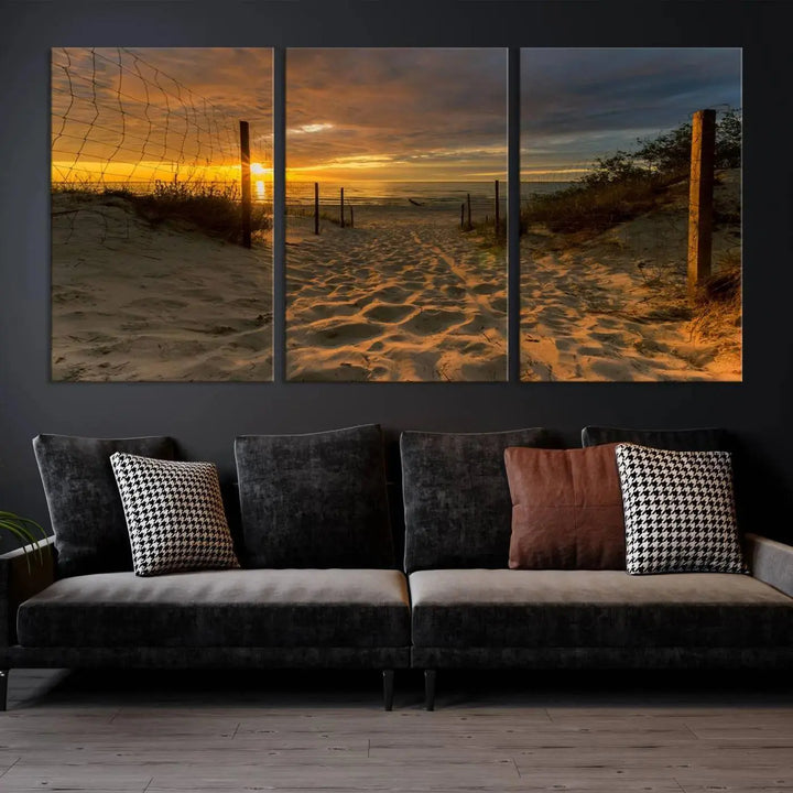 The "Mesmerizing Beach Way to Sunset" triptych wall art graces the space above white cabinets. Crafted on museum-quality canvases, it ensures vibrant colors and durability, and comes ready to hang for easy installation.