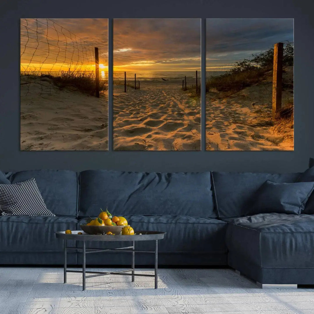 The "Mesmerizing Beach Way to Sunset" triptych wall art graces the space above white cabinets. Crafted on museum-quality canvases, it ensures vibrant colors and durability, and comes ready to hang for easy installation.