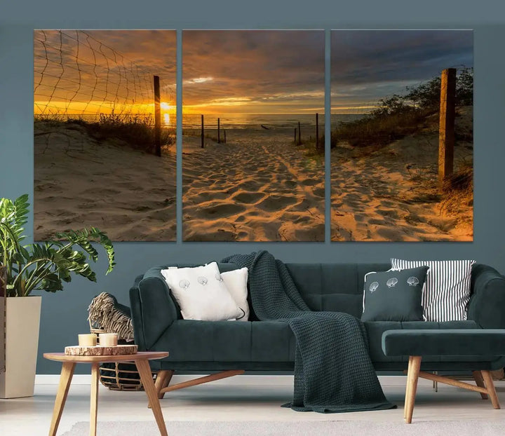 The "Mesmerizing Beach Way to Sunset" triptych wall art graces the space above white cabinets. Crafted on museum-quality canvases, it ensures vibrant colors and durability, and comes ready to hang for easy installation.