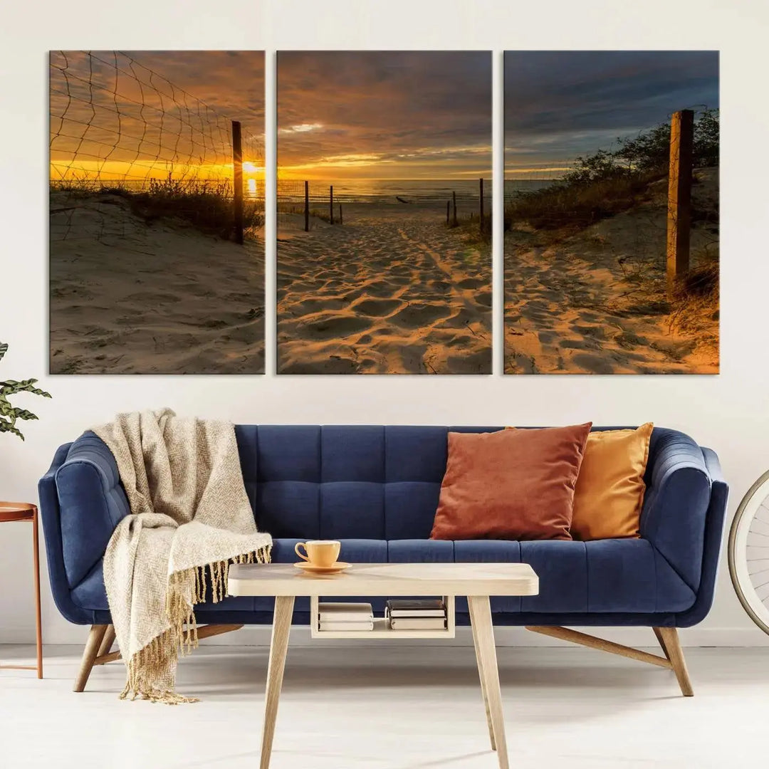 The "Mesmerizing Beach Way to Sunset" triptych wall art graces the space above white cabinets. Crafted on museum-quality canvases, it ensures vibrant colors and durability, and comes ready to hang for easy installation.