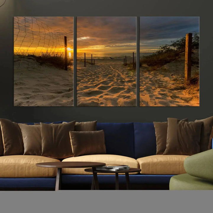 The "Mesmerizing Beach Way to Sunset" triptych wall art graces the space above white cabinets. Crafted on museum-quality canvases, it ensures vibrant colors and durability, and comes ready to hang for easy installation.