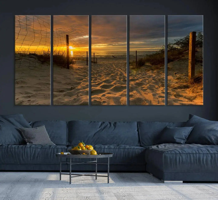 The "Mesmerizing Beach Way to Sunset" triptych wall art graces the space above white cabinets. Crafted on museum-quality canvases, it ensures vibrant colors and durability, and comes ready to hang for easy installation.