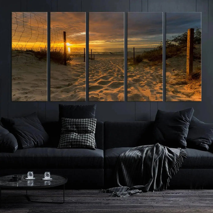 The "Mesmerizing Beach Way to Sunset" triptych wall art graces the space above white cabinets. Crafted on museum-quality canvases, it ensures vibrant colors and durability, and comes ready to hang for easy installation.