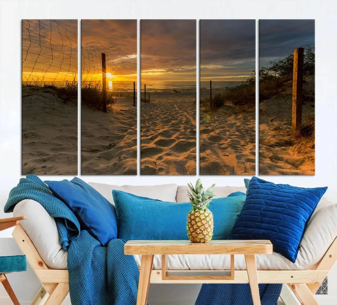 The "Mesmerizing Beach Way to Sunset" triptych wall art graces the space above white cabinets. Crafted on museum-quality canvases, it ensures vibrant colors and durability, and comes ready to hang for easy installation.