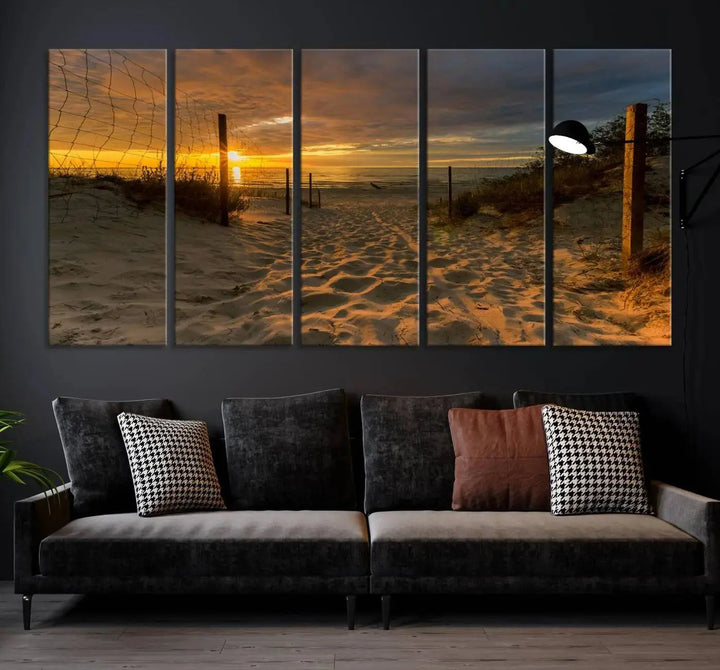 The "Mesmerizing Beach Way to Sunset" triptych wall art graces the space above white cabinets. Crafted on museum-quality canvases, it ensures vibrant colors and durability, and comes ready to hang for easy installation.