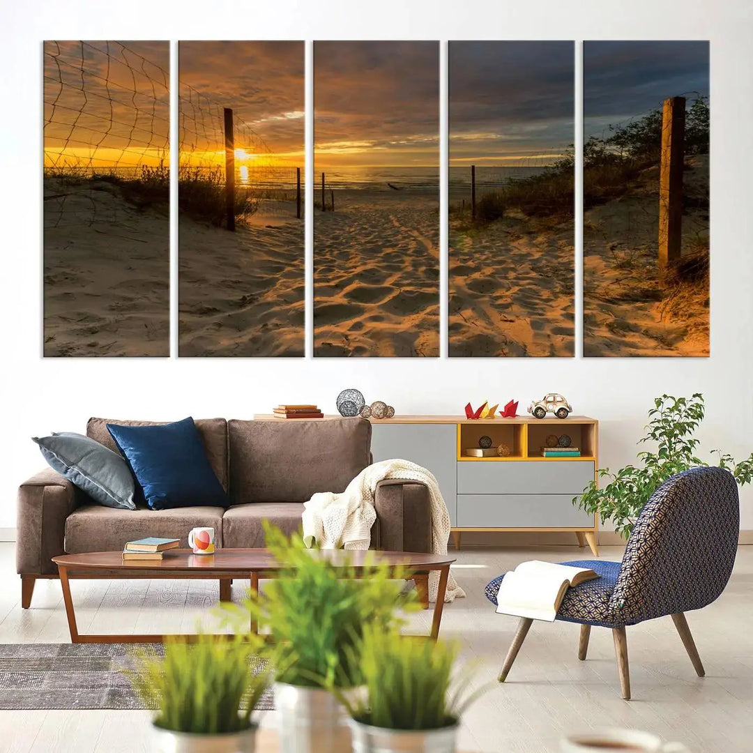 The "Mesmerizing Beach Way to Sunset" triptych wall art graces the space above white cabinets. Crafted on museum-quality canvases, it ensures vibrant colors and durability, and comes ready to hang for easy installation.