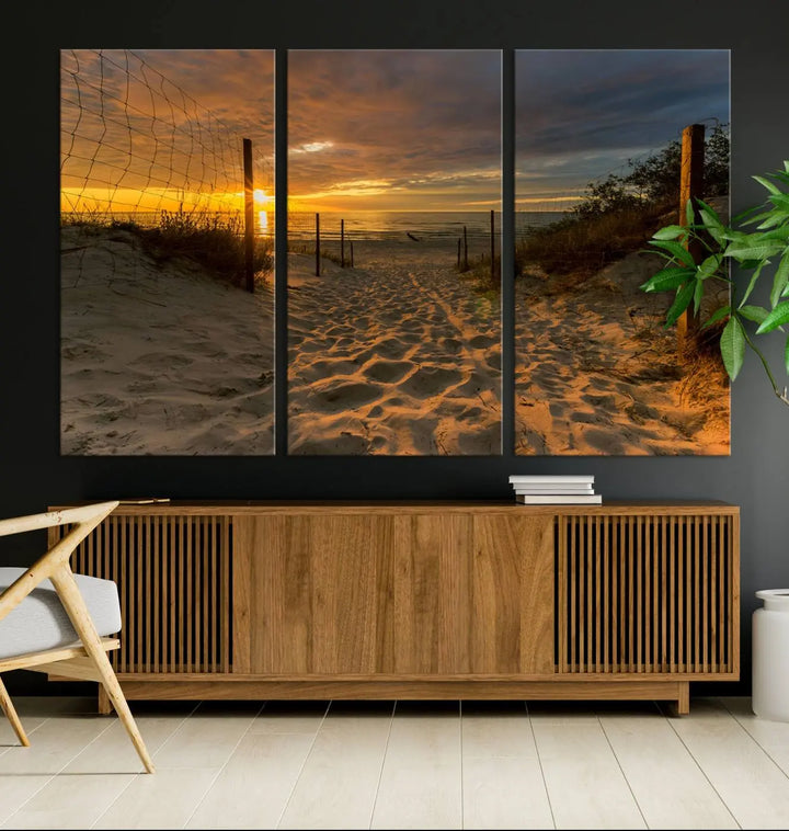 The "Mesmerizing Beach Way to Sunset" triptych wall art graces the space above white cabinets. Crafted on museum-quality canvases, it ensures vibrant colors and durability, and comes ready to hang for easy installation.