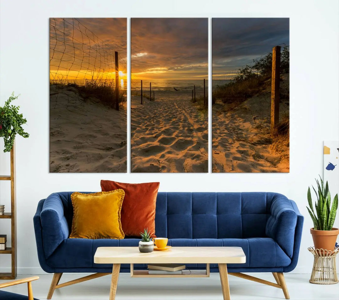 The "Mesmerizing Beach Way to Sunset" triptych wall art graces the space above white cabinets. Crafted on museum-quality canvases, it ensures vibrant colors and durability, and comes ready to hang for easy installation.