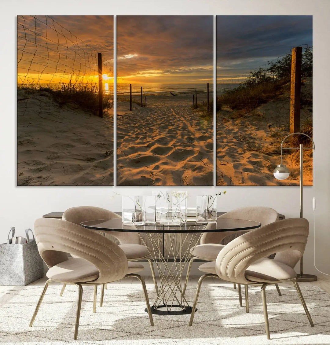 The "Mesmerizing Beach Way to Sunset" triptych wall art graces the space above white cabinets. Crafted on museum-quality canvases, it ensures vibrant colors and durability, and comes ready to hang for easy installation.