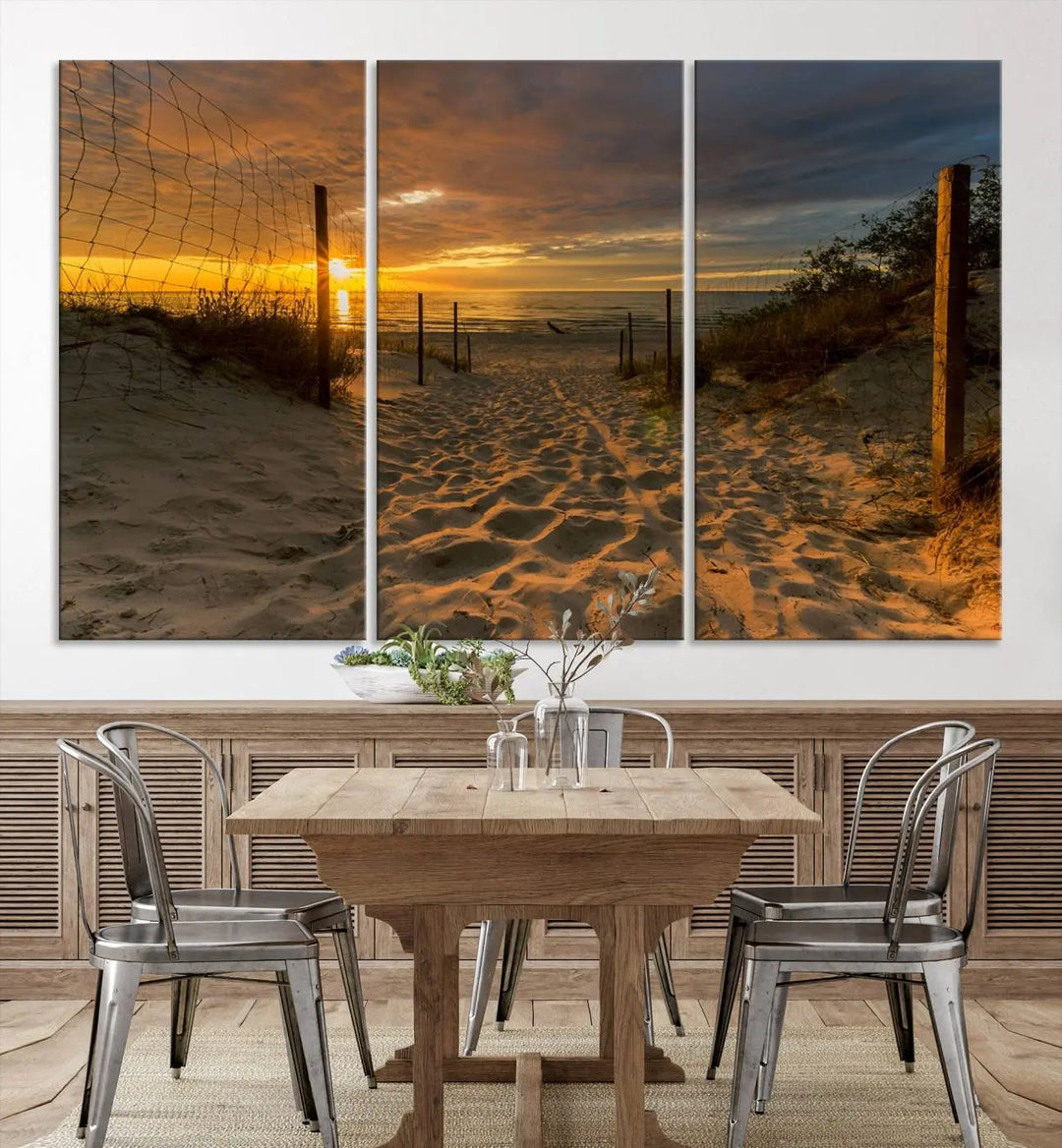 The "Mesmerizing Beach Way to Sunset" triptych wall art graces the space above white cabinets. Crafted on museum-quality canvases, it ensures vibrant colors and durability, and comes ready to hang for easy installation.