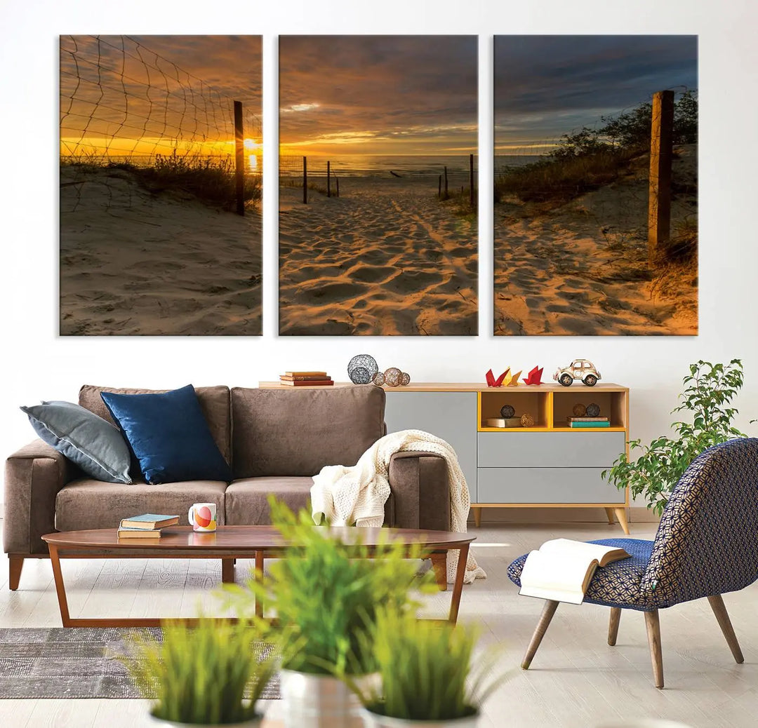 The "Mesmerizing Beach Way to Sunset" triptych wall art graces the space above white cabinets. Crafted on museum-quality canvases, it ensures vibrant colors and durability, and comes ready to hang for easy installation.