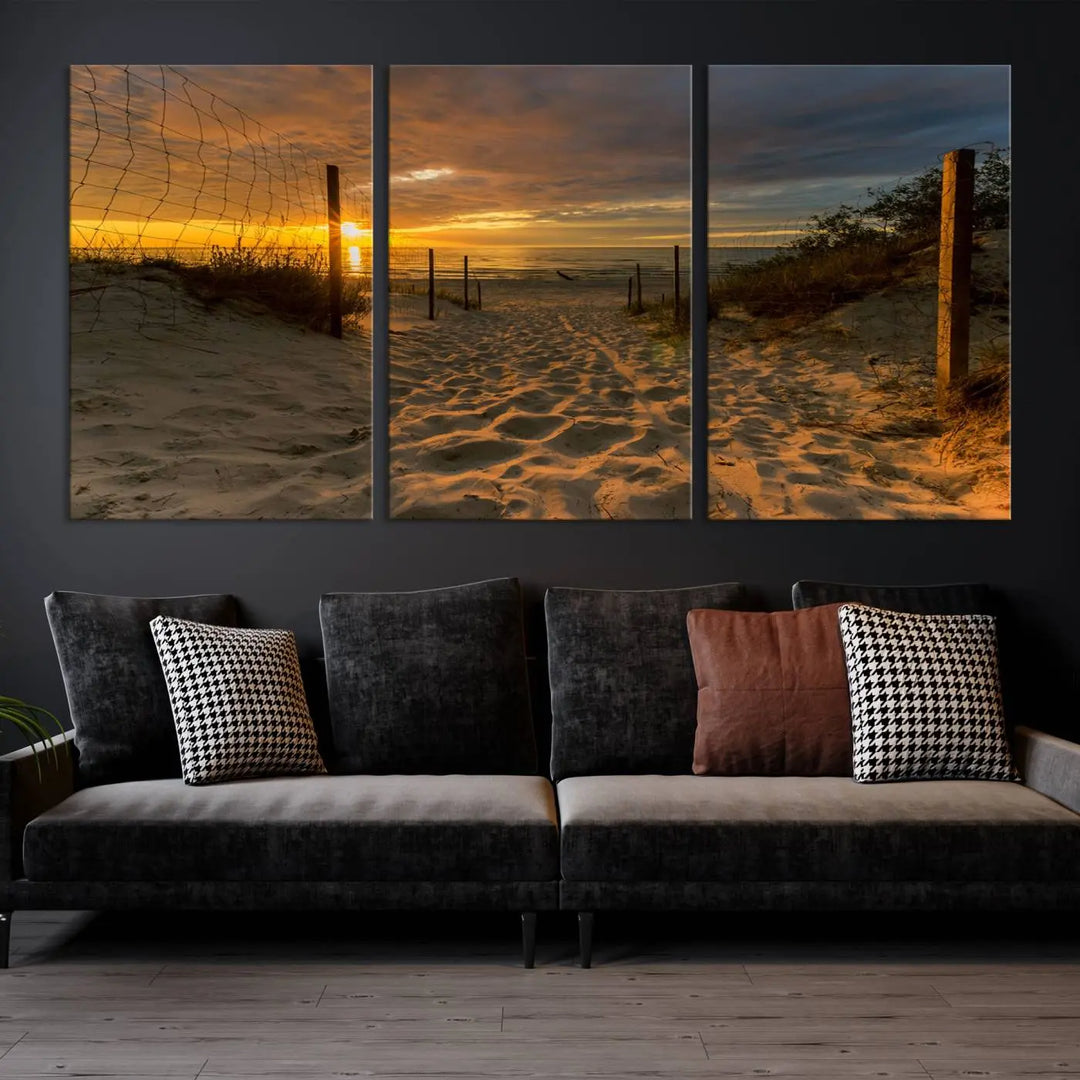 The "Mesmerizing Beach Way to Sunset" triptych wall art graces the space above white cabinets. Crafted on museum-quality canvases, it ensures vibrant colors and durability, and comes ready to hang for easy installation.